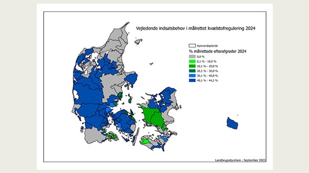 Landbrugsstyrelsen har offentliggjort kort over det forventede indsatsbehov i 2024, på baggrund af de nye vandområdeplaner. Det medfører markante ændringer, herunder at det maksimale indsatsbehov øges i 2024 til 44,2 procent.